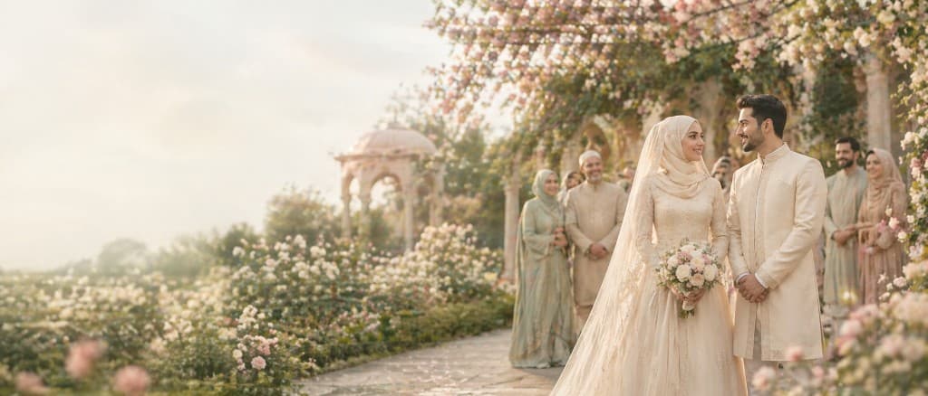 Muslim bride and groom in a rose garden with family in Japan — sincere nikah-focused matrimonial introductions