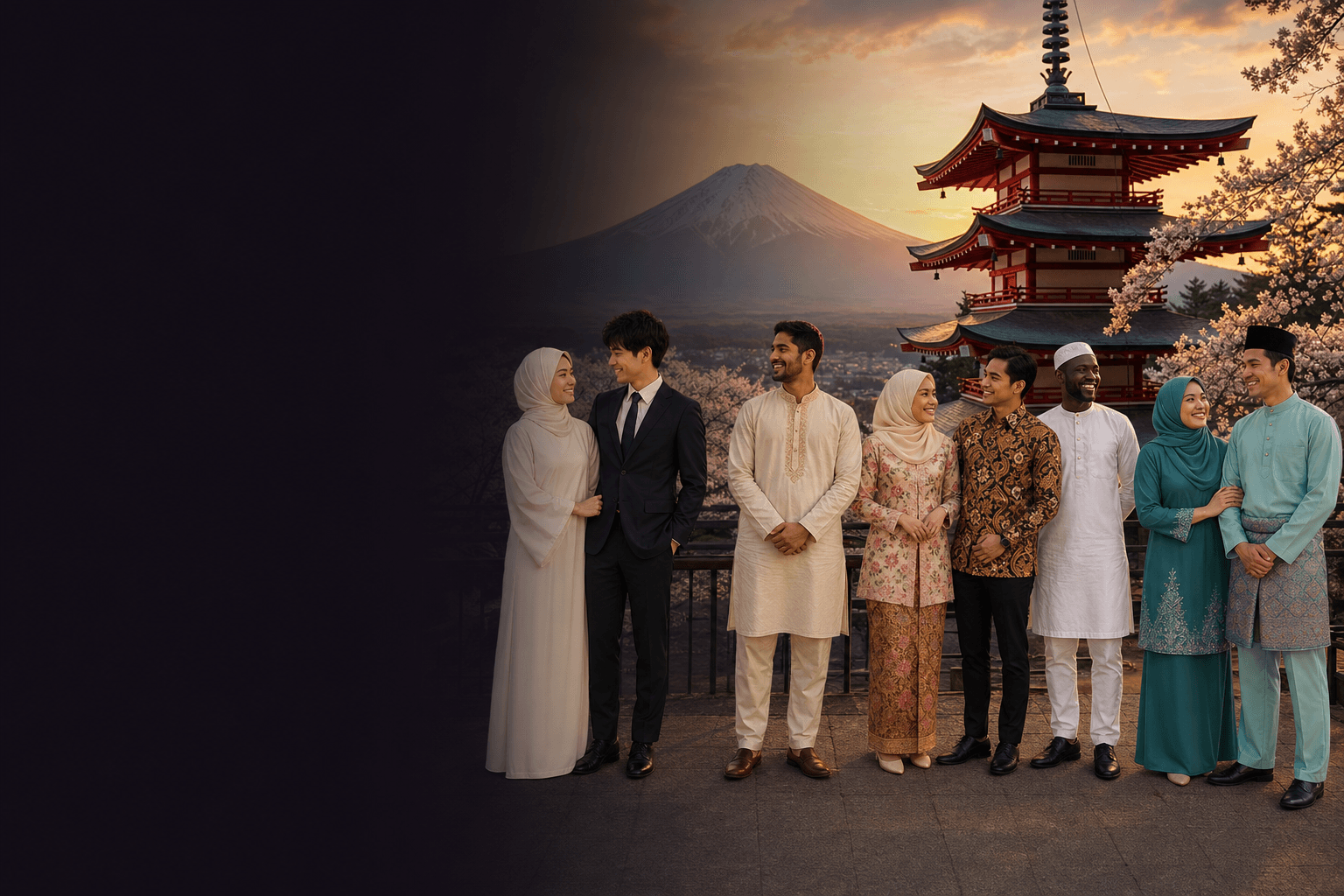 Illustration of Muslims from many backgrounds standing together in Japan
