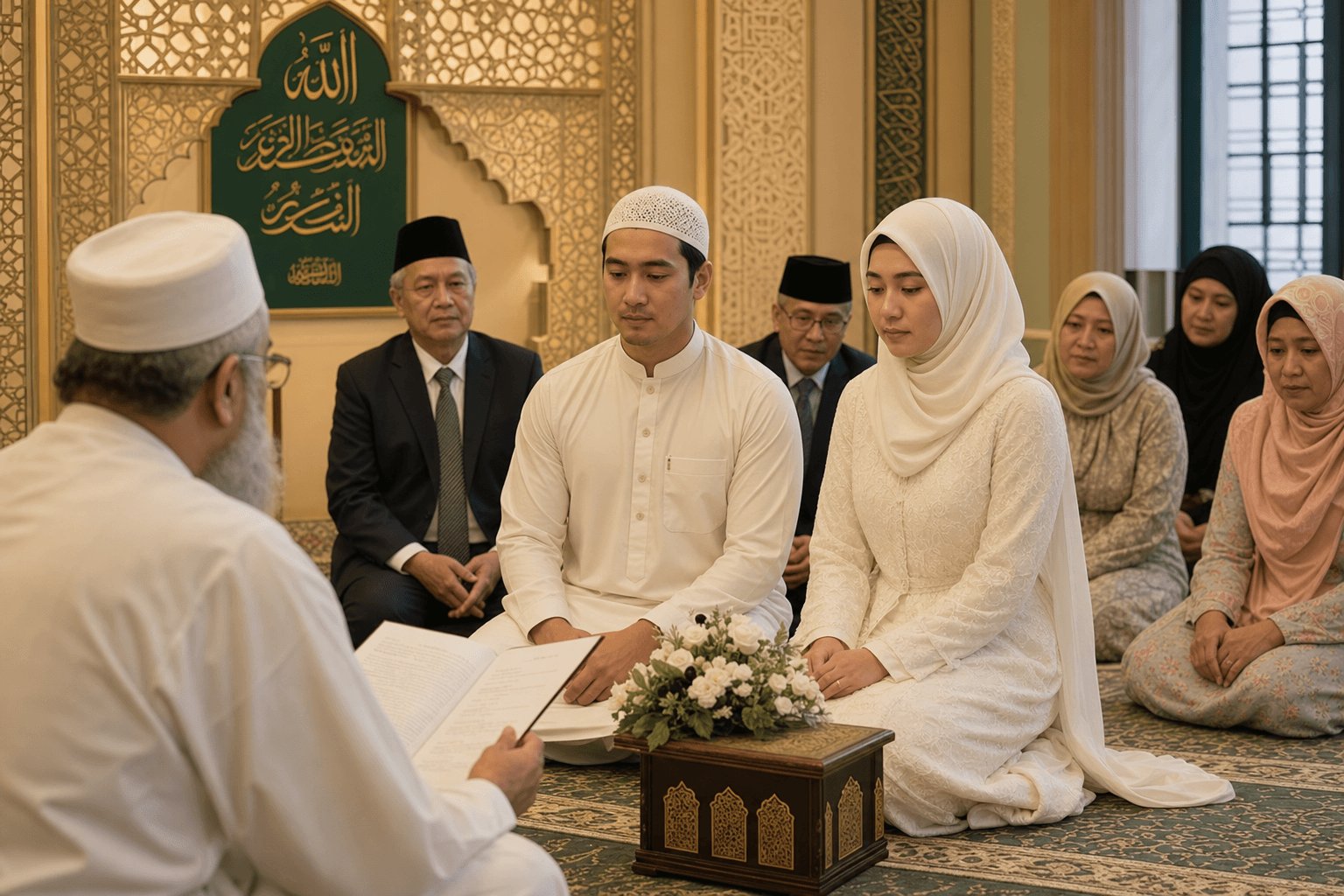 Illustration of a nikah ceremony in a mosque with family members seated nearby