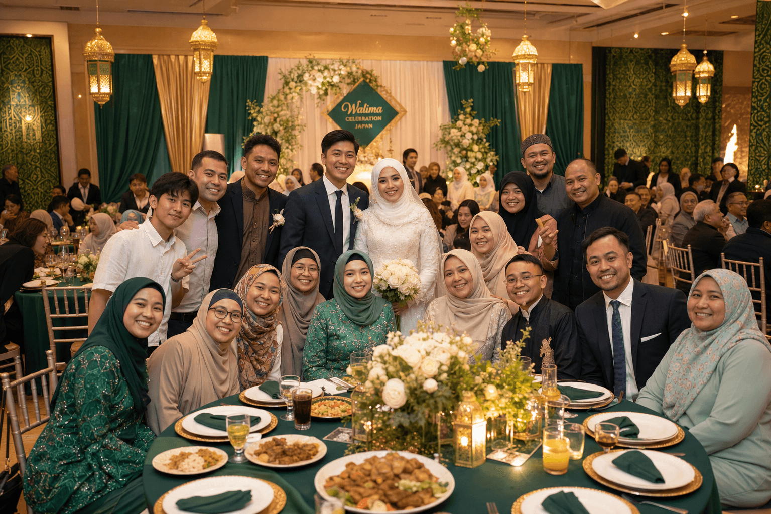 Illustration of family and friends gathered around a table at a walima